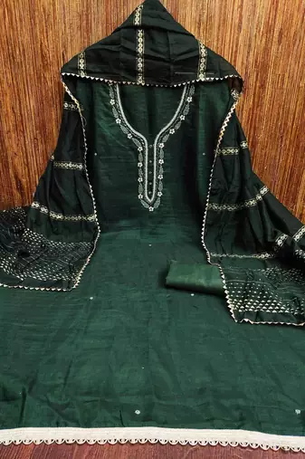 dark green cotton handwork unstitched dress material