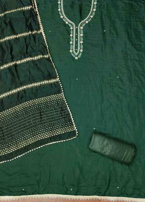 dark green cotton handwork unstitched dress material 3
