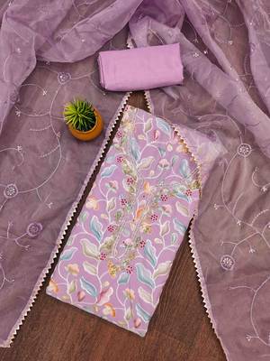 lavender organza handwork unstitched dress material 1