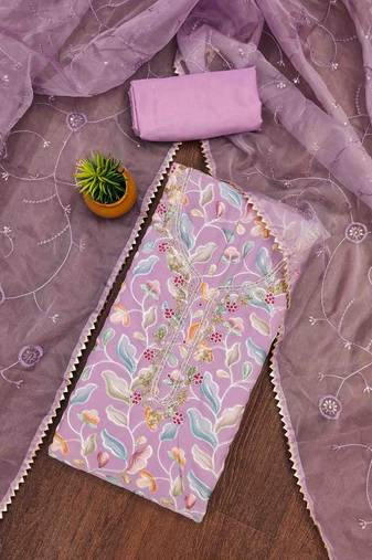 lavender organza handwork unstitched dress material