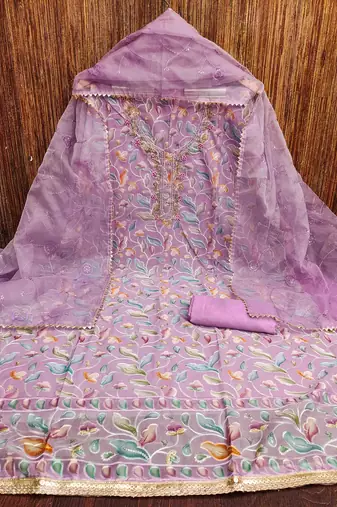 lavender organza handwork unstitched dress material