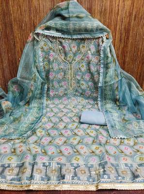 blue organza handwork unstitched dress material 2