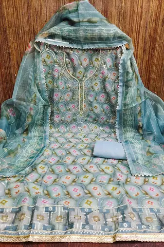 blue organza handwork unstitched dress material