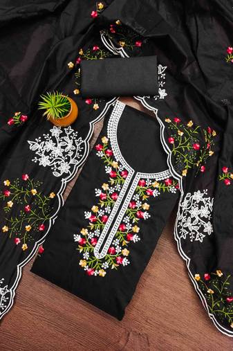 black chanderi cotton embroidered unstitched dress material
