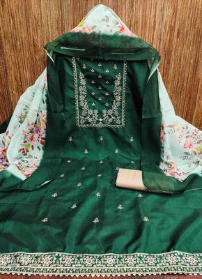 dark green cotton embroidered unstitched dress material 2