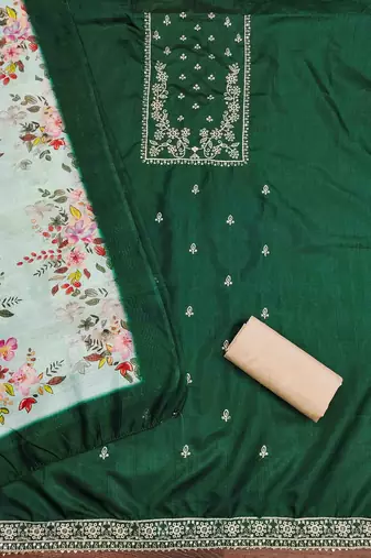 dark green cotton embroidered unstitched dress material