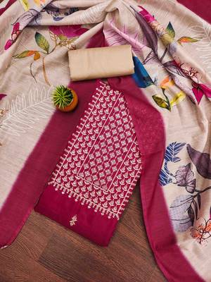 magenta cotton embroidered unstitched dress material 1