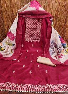 magenta cotton embroidered unstitched dress material 2