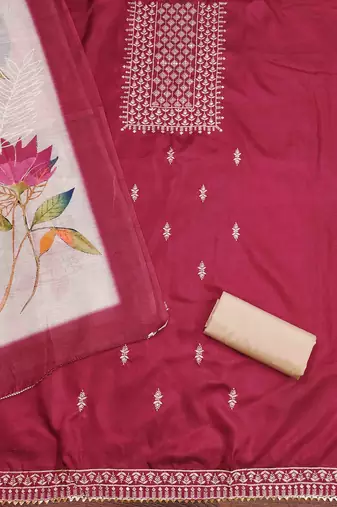 magenta cotton embroidered unstitched dress material