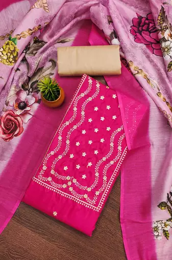 magenta cotton embroidered unstitched dress material