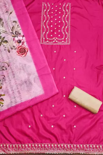 magenta cotton embroidered unstitched dress material
