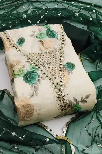 dark green viscose banarasi handwork unstitched dress material