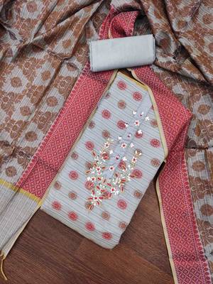 grey banarasi handwork unstitched dress material 1