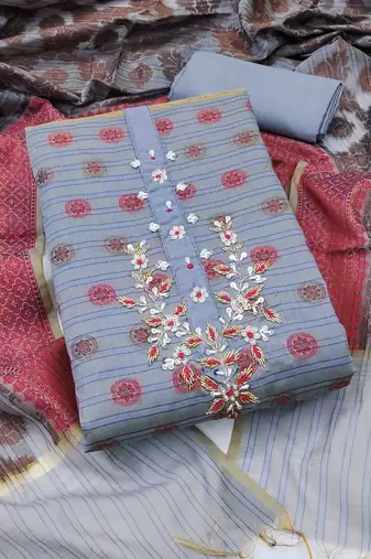 grey banarasi handwork unstitched dress material