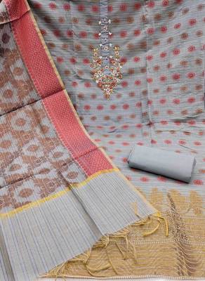 grey banarasi handwork unstitched dress material 3