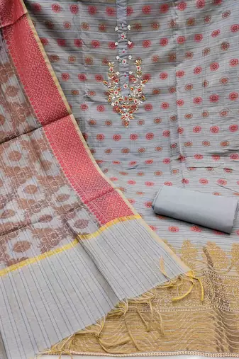 grey banarasi handwork unstitched dress material