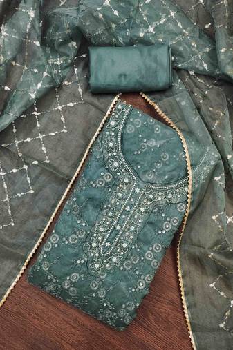teal organza handwork unstitched dress material