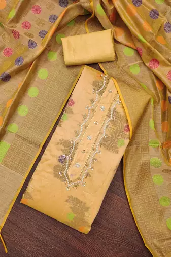 gold banarasi handwork unstitched dress material