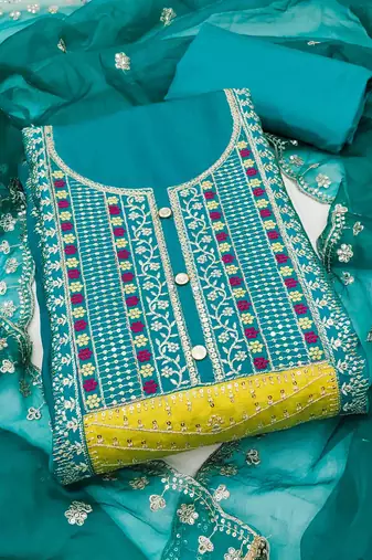 turquoise roman cotton silk blend embroidered unstitched dress material
