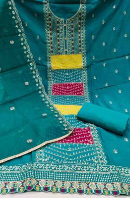 turquoise roman cotton silk blend embroidered unstitched dress material 3