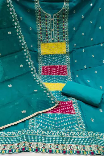 turquoise roman cotton silk blend embroidered unstitched dress material