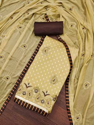 yellow roman cotton silk blend embroidered unstitched dress material 1