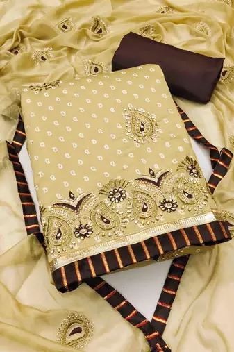 yellow roman cotton silk blend embroidered unstitched dress material