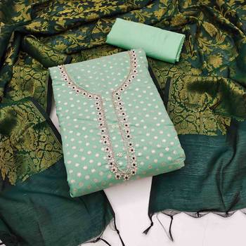 mint banarasi jacquard handwork unstitched dress material 1