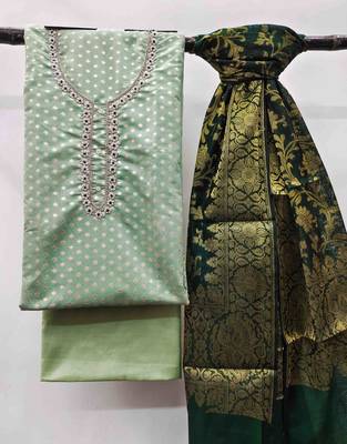 mint banarasi jacquard handwork unstitched dress material 2