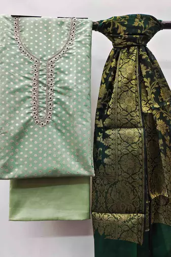 mint banarasi jacquard handwork unstitched dress material