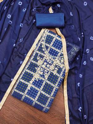 navy blue roman cotton silk blend handwork unstitched dress material 1