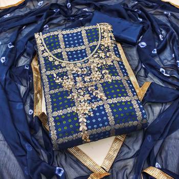 navy blue roman cotton silk blend handwork unstitched dress material 2