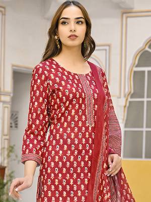 maroon rayon blend ethnic motifs kurta trouser and dupatta 1