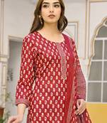 maroon rayon blend ethnic motifs kurta trouser and dupatta