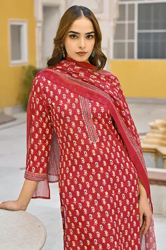 maroon rayon blend ethnic motifs kurta trouser and dupatta