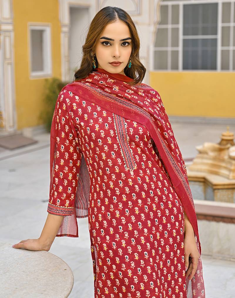maroon rayon blend ethnic motifs kurta trouser and dupatta