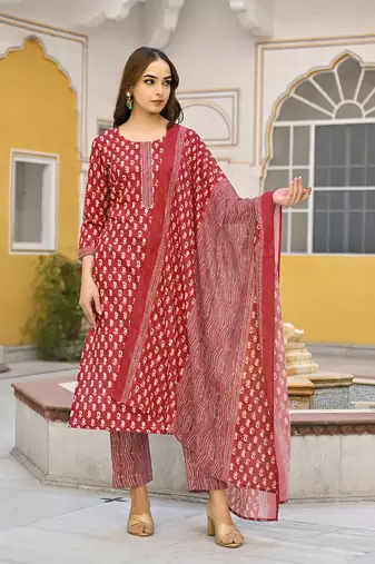 maroon rayon blend ethnic motifs kurta trouser and dupatta