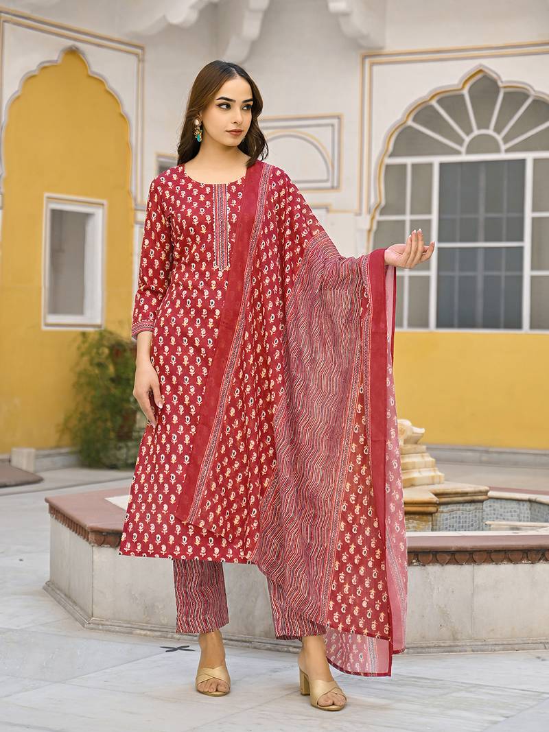 maroon rayon blend ethnic motifs kurta trouser and dupatta