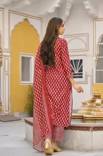 maroon rayon blend ethnic motifs kurta trouser and dupatta