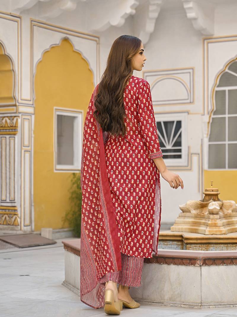 maroon rayon blend ethnic motifs kurta trouser and dupatta