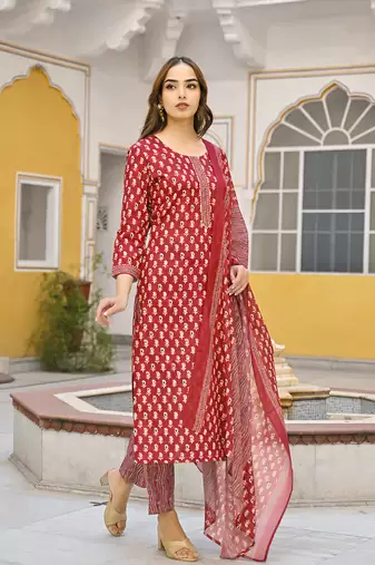 maroon rayon blend ethnic motifs kurta trouser and dupatta