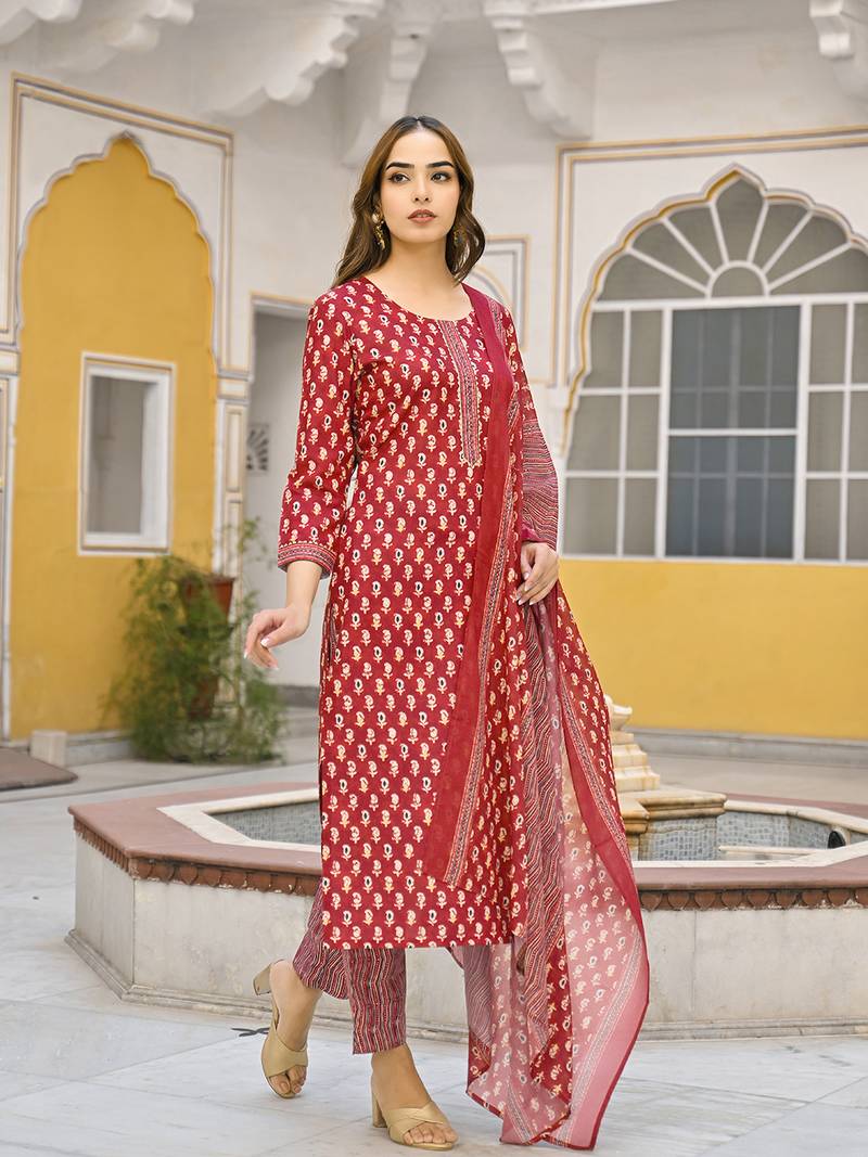 maroon rayon blend ethnic motifs kurta trouser and dupatta