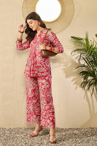Women red rayon blend floral printed coord sets