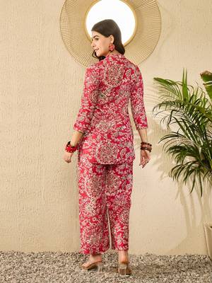 Women red rayon blend floral printed coord sets 4