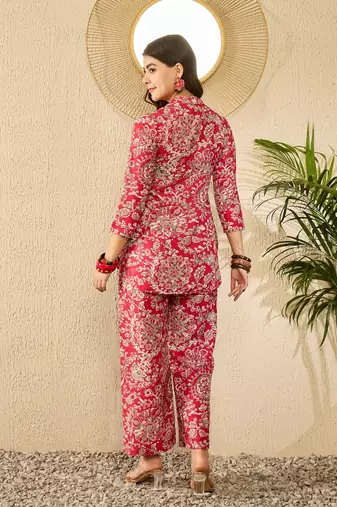 Women red rayon blend floral printed coord sets