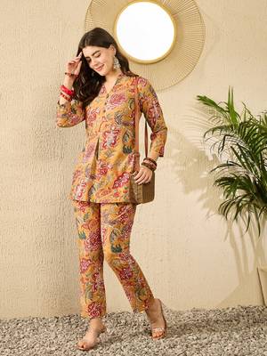 Women mustard rayon blend floral printed coord sets 1