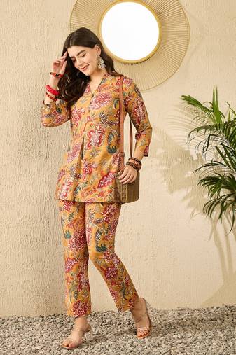 Women mustard rayon blend floral printed coord sets