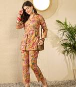 Women mustard rayon blend floral printed coord sets
