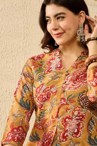 Women mustard rayon blend floral printed coord sets