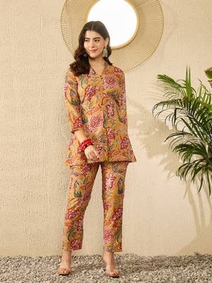 Women mustard rayon blend floral printed coord sets 3